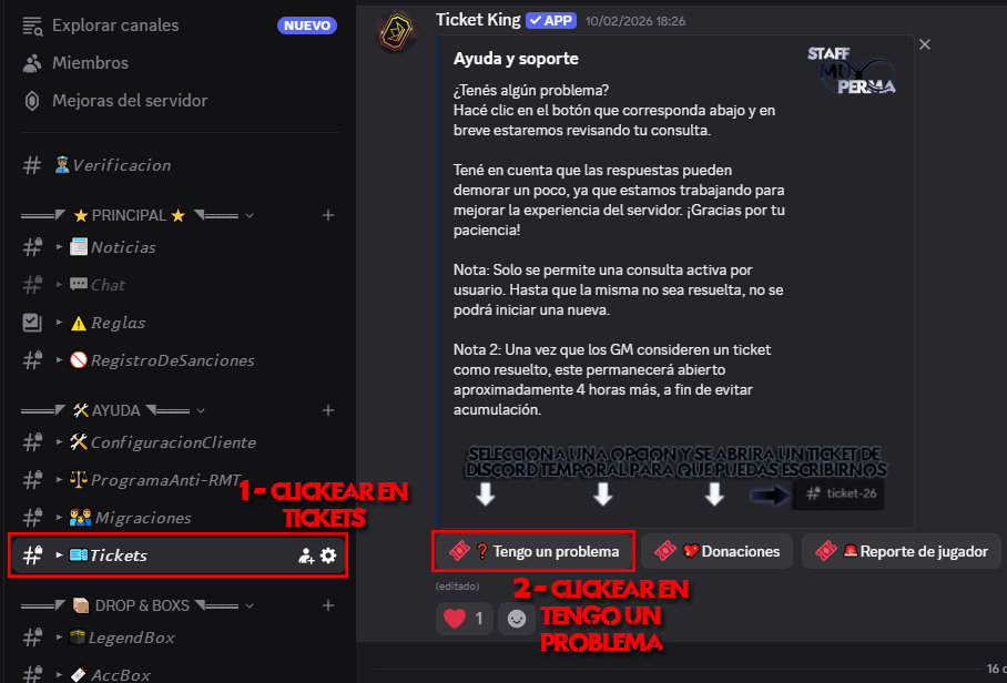 Guía visual para abrir un ticket en el Discord de MU Perma